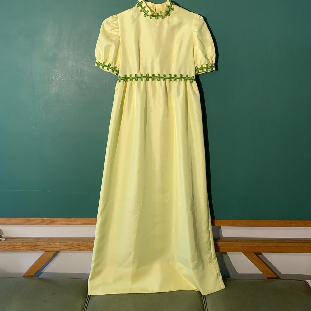 Vintage 70s Maxi Dress Yellow Green Embroidered Puffy Sleeve Small Boho Retro